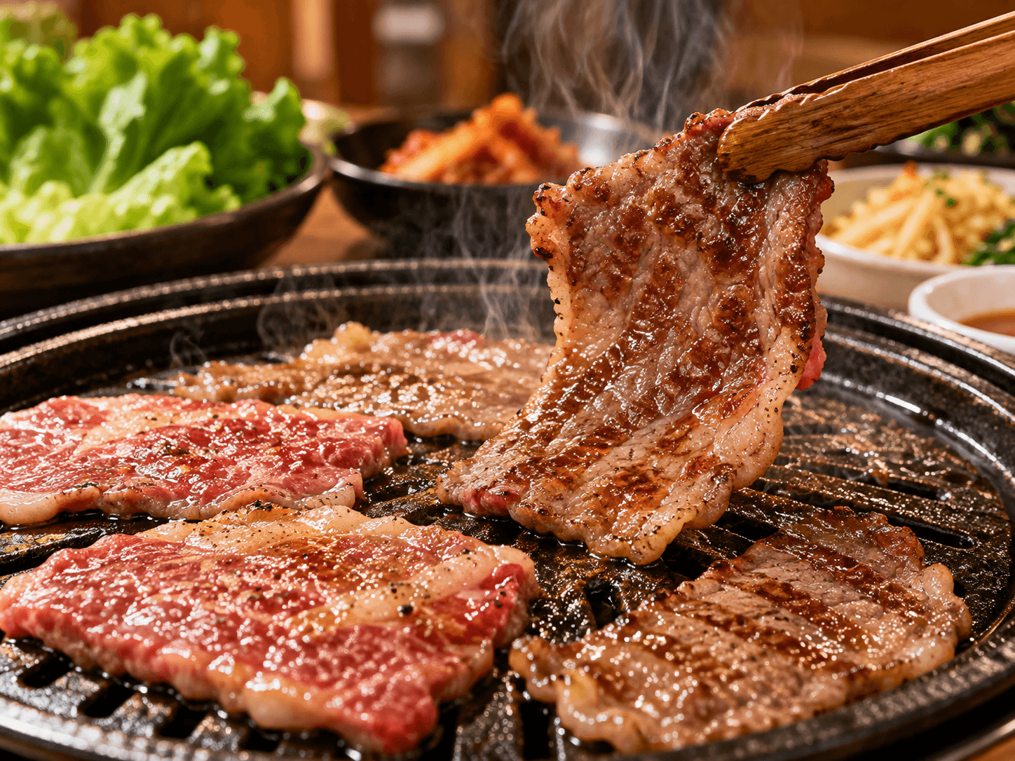Beef slice matang diangkat dari pemanggang dengan penjepit